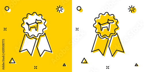 Black Dog award symbol icon isolated on yellow and white background. Medal with dog footprint as pets exhibition winner concept. Random dynamic shapes. Vector Illustration