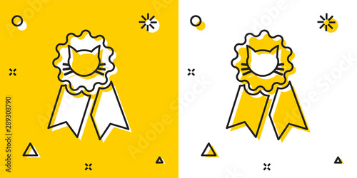 Black Cat award symbol icon isolated on yellow and white background. Medal with cat footprint as pets exhibition winner concept. Random dynamic shapes. Vector Illustration