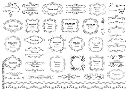 Calligraphic design elements . Decorative swirls or scrolls, vintage frames , flourishes, labels and dividers. Retro vector illustration.