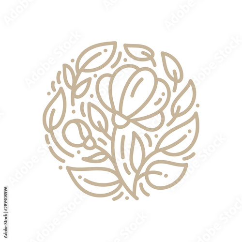 Abstract emblem logo flower in a circle in linear style. Monoline vector plant for design of natural products, flower shop, cosmetics, ecology concepts, health, spa, yoga center