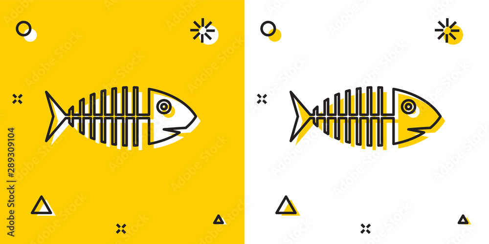 Black Fish skeleton icon isolated on yellow and white background. Fish bone sign. Random dynamic shapes. Vector Illustration - obrazy, fototapety, plakaty 