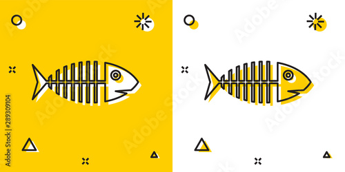 Black Fish skeleton icon isolated on yellow and white background. Fish bone sign. Random dynamic shapes. Vector Illustration