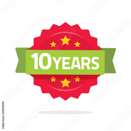 10 years anniversary logo template with green ribbon and number, flat cartoon 10th anniversary icon label, ten year birthday party symbol rosette or stamp isolated on white