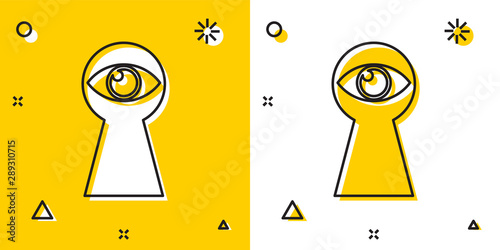 Black Keyhole with eye icon isolated on yellow and white background. The eye looks into the keyhole. Keyhole eye hole. Random dynamic shapes. Vector Illustration