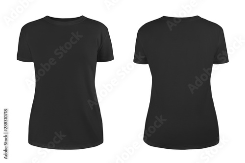 Women's black blank T-shirt template,from two sides, natural shape on invisible mannequin, for your design mockup for print, isolated on white background..