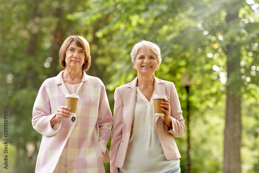 old age, retirement and people concept - two senior women or friends drinking coffee at summer park old age, retirement and people concept - two senior women or friends drinking coffee at summer park