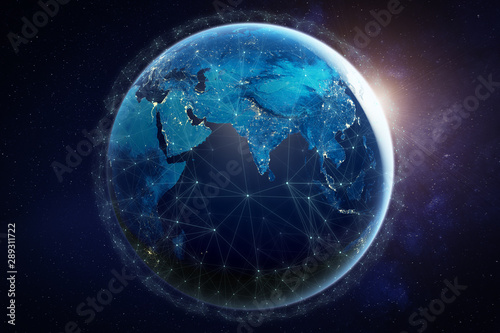 Internet network for fast data exchange around planet Earth from space, global telecommunication satellite grid over the world for IoT, mobile web, financial technology, 3d render, elements from NASA