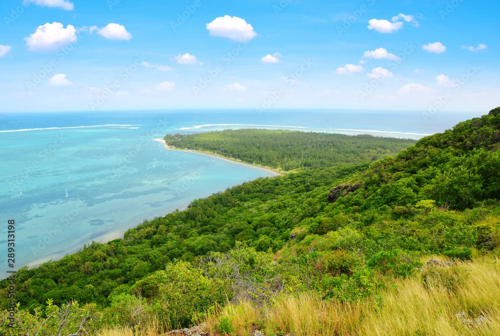 View from mountain Le Morne Brabant on the south of Mauritius island. Indian ocean.