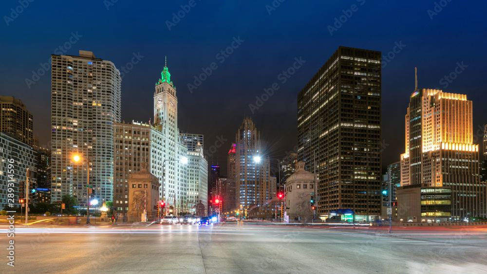 Panoramic view of Chicago Downtown at night, Michigan Avenue, Chicago, Illinois, USA.