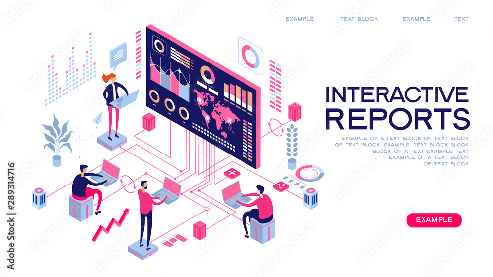 interactive reports web banner. People interacting with analyzing statistics and charts. Workflow and business management. 3D vector isometric illustration. interactive reports web banner. People interacting with analyzing statistics and charts. Workflow and business management. 3D vector isometric illustration.