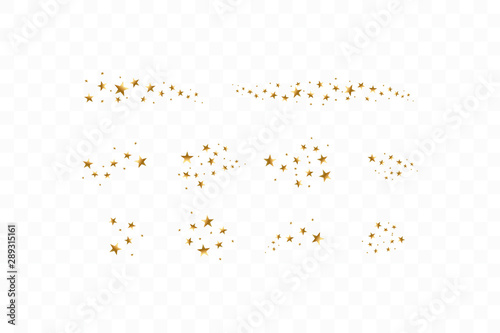 Set of golden falling stars. Cloud of golden stars isolated on transparent background. Vector illustration. Meteoroid, comet, asteroid, stars