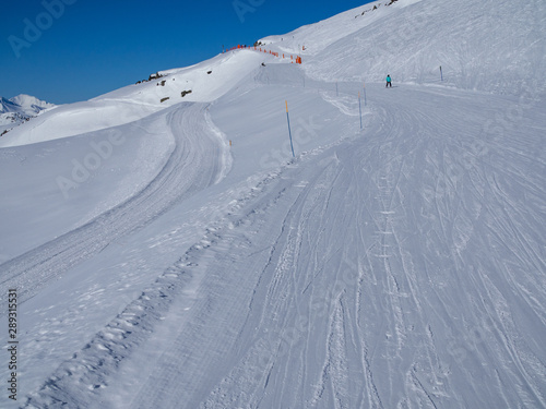 France, january 2018: Mountains with snow in winter. Meribel Ski Resort, Meribel Village Center (1450 m)