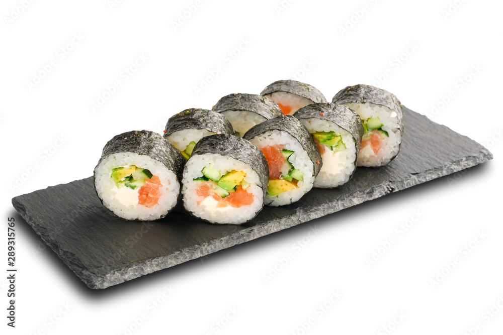 Sushi Rolls with salmon, avocado, cucumber and Cream Cheese inside wrapped in nori leaf isilated Sushi Rolls with salmon, avocado, cucumber and Cream Cheese inside wrapped in nori leaf isilated