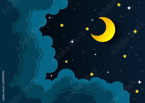 night sky with stars and moon. paper art style.Vector of a crescent moon with stars on a cloudy night sky. Moon and stars background.Vector EPS 10.