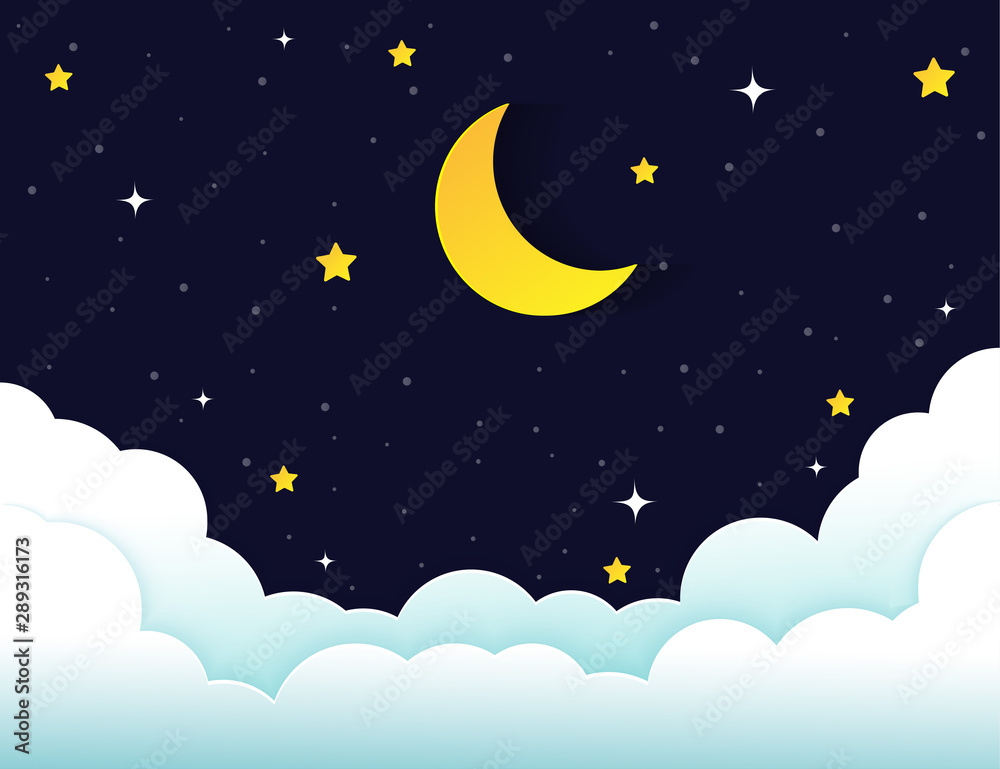 night sky with stars and moon. paper art style.Vector of a crescent moon with stars on a cloudy night sky. Moon and stars background.Vector EPS 10. night sky with stars and moon. paper art style.Vector of a crescent moon with stars on a cloudy night sky. Moon and stars background.Vector EPS 10.