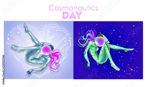 beautiful girl astronaut in cyber space suit floating in space, on the day of cosmonautics