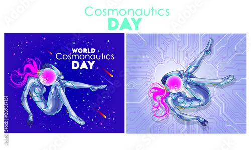 beautiful girl astronaut in cyber space suit floating in space, on the day of cosmonautics