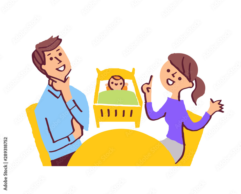 笑顔で会話する夫婦とベビーベッドで眠る赤ちゃん Stock Illustration Adobe Stock