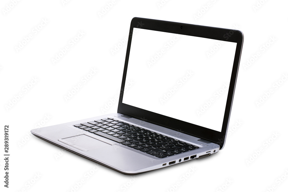 Perspective view of Laptop computer with blank screen isolated on white background. Clipping Path include in this image. Perspective view of Laptop computer with blank screen isolated on white background. Clipping Path include in this image.
