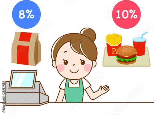 軽減税率を説明するハンバーガーショップの女性店員