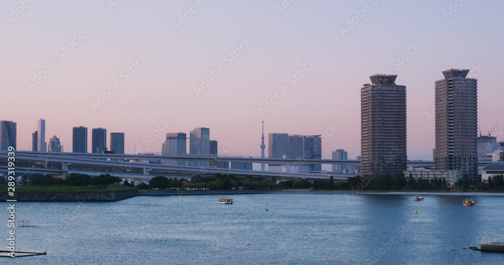 Odaiba city skyline in the evening