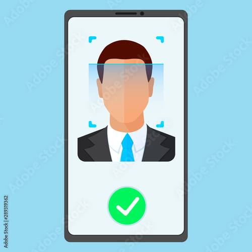 Face ID recognition and identification system. Scanning process man's face on the screen mobile phone. Biometric identification app. Flat style vector concept illustration isolated on blue bacground.