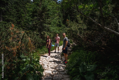 Group of tourists with backpacks descends up mountains, summer hiking, friends trekking day, active life concept © Vasya