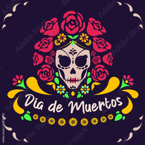 Day of the Dead poster Female skull with Rose Flowers, holiday's name in Spanish