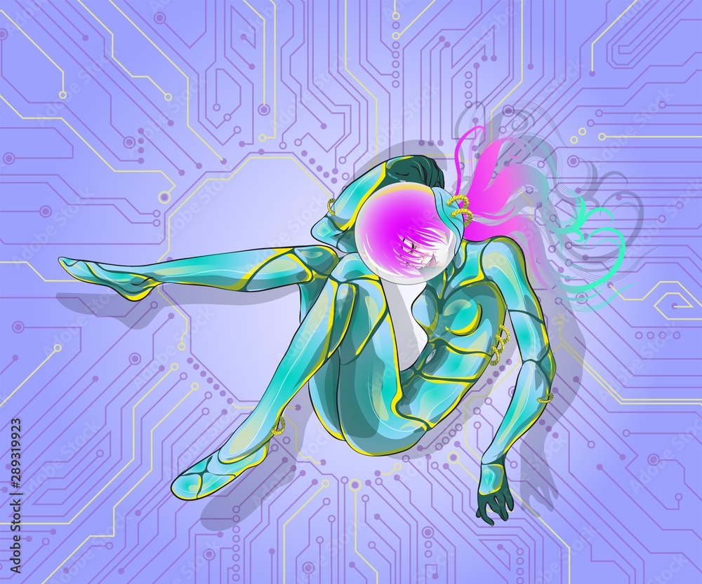Obraz premium beautiful girl astronaut in cyber space suit floating in space, on the day of cosmonautics