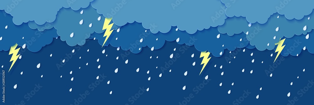 Rain thunder lightning and clouds in the paper cut style. Vector storm weather concept with falling water drops from the cloudy sky and flash. Storm papercut background horizontal banner. Rain thunder lightning and clouds in the paper cut style. Vector storm weather concept with falling water drops from the cloudy sky and flash. Storm papercut background horizontal banner.