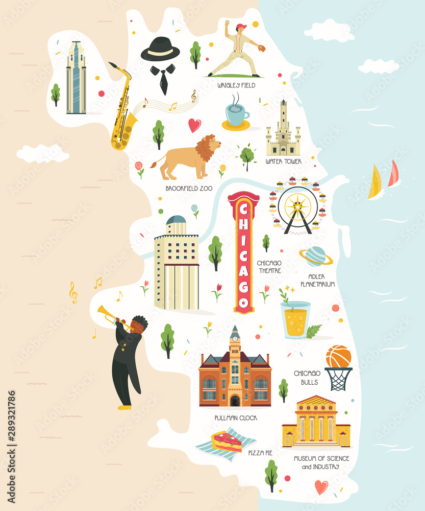 Obraz premium Mapa miasta Chicago ze słynnymi zabytkami, symbolami