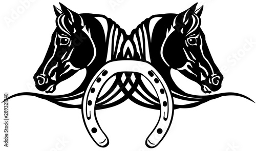 decorative heads of black Arabian horses in profile with horseshoe. Logo, icon, emblem, tattoo style vector illustration