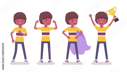 Boy child 7 to 9 years old, positive black male school age kid. Happy strong schoolboy with prize enjoying trophy, sport achievements. Vector flat style cartoon illustration isolated, white background