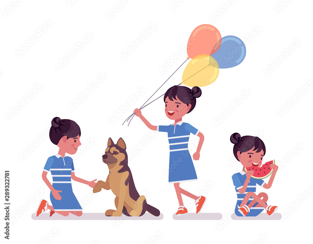 Girl child 7, 9 year old, female black school age kid activity. Schoolgirl  with a dog, enjoys eating watermelon, holding air balloons. Vector flat  style cartoon illustration isolated, white background Stock Vector |
