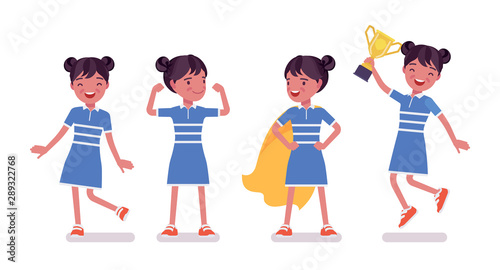 Girl child 7 to 9 years old, positive female black school age kid. Happy schoolgirl with prize enjoying trophy, sport achievements. Vector flat style cartoon illustration isolated on white background