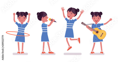 Girl child 7, 9 year old, female active school age kid entertainment. Happy schoolgirl pleasure, delight with singing, guitar playing. Vector flat style cartoon illustration isolated, white background