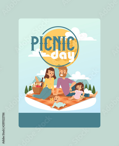 Invitation to a picnic day family event, vector illustration. Outdoor activity announcement for parents with children. Happy family spends time together on outdoor picnic