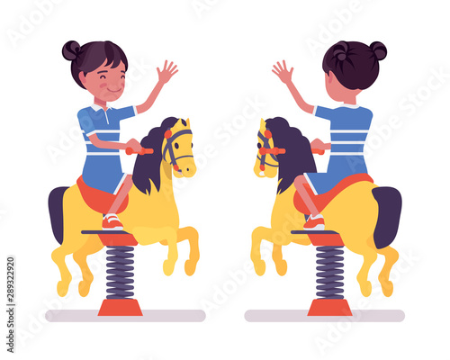 Girl child 7, 9 yo school black kid, horse spring rider. Active schoolgirl and bouncy pony fun, entertainment playing on playground. Vector flat style cartoon illustration isolated, white background