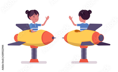 Girl child 7, 9 yo school kid, rocket spring rider. Active black schoolgirl bouncy spaceship fun, entertainment playing on playground. Vector flat style cartoon illustration isolated, white background