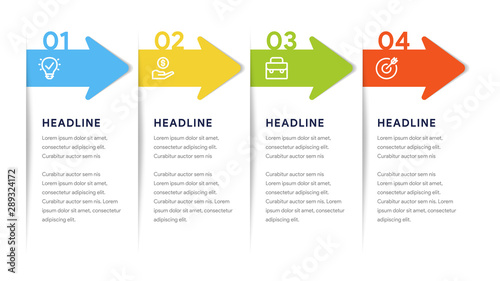 Vector paper arrows infographic, banners diagram, labels graph, stickers presentation chart. Business concept with 4 options, parts, steps, processes. Slide template.
