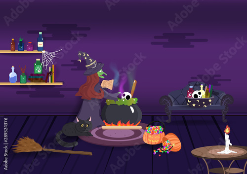 Halloween night, witch magic cooking, interior room, cartoon character, greeting card background vector