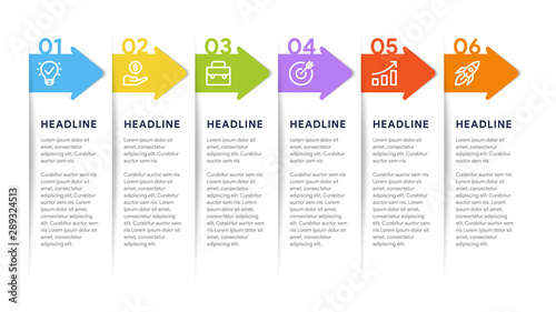 Vector paper arrows infographic, banners diagram, labels graph, stickers presentation chart. Business concept with 6 options, parts, steps, processes. Slide template.