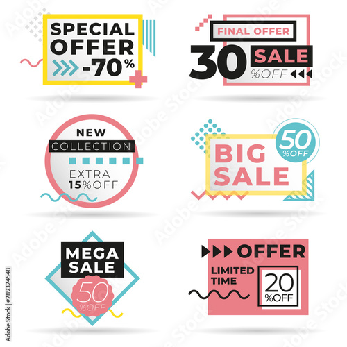 Set of modern abstract vector banners. Discount offer price label, symbol for advertising campaign in retail, sale promo marketing, ad offer on shopping. Template ready for use in web or print design