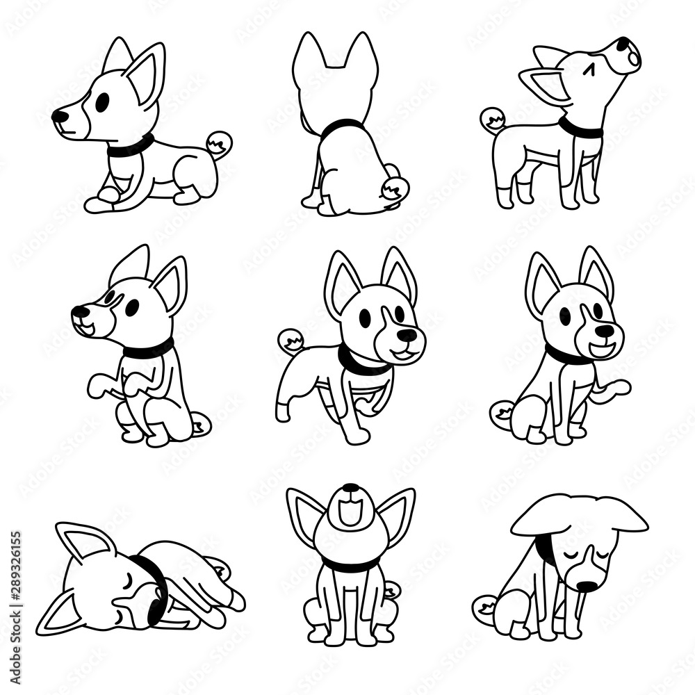Cartoon character basenji dog poses for design.