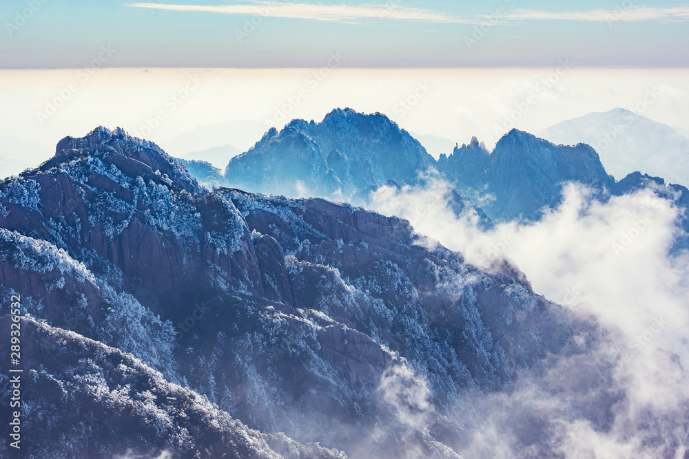 Clouds above the mountain peaks of Huangshan National park. China