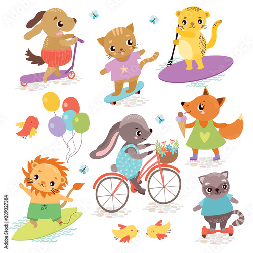 Cute animal athletes. Sports Equipment. Summer walk. Cat, hare, dog, raccoon, leopard, lion, fox. Cycling, Skateboarding, Surfing, roller skates, segway