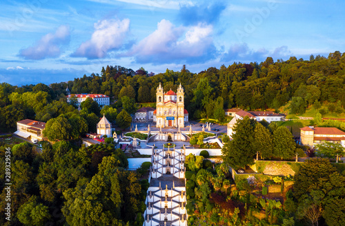 Aerial view of Bom Jesus do Monte Cathedral in Braga, Portugal during the evening photo