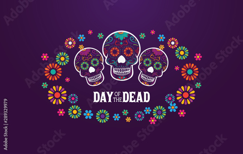 Dia De Los Muertos banner skull decorated with colorful flowers, mexican event, Fiesta, party poster, holiday greeting card