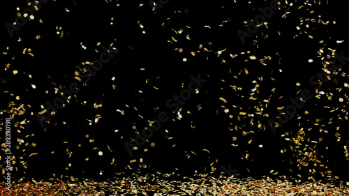 A fountain of golden confetti falling on the floor on an black background