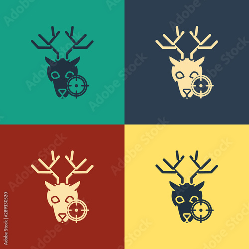 Color Hunt on deer with crosshairs icon isolated on color background. Hunting club logo with deer and target. Rifle lens aiming a deer. Vintage style drawing. Vector Illustration